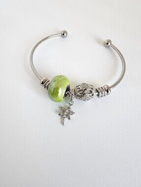 Silver Tone Bangle Bracelet Green Murano Glass Bead Dragonfly Can Add Charms